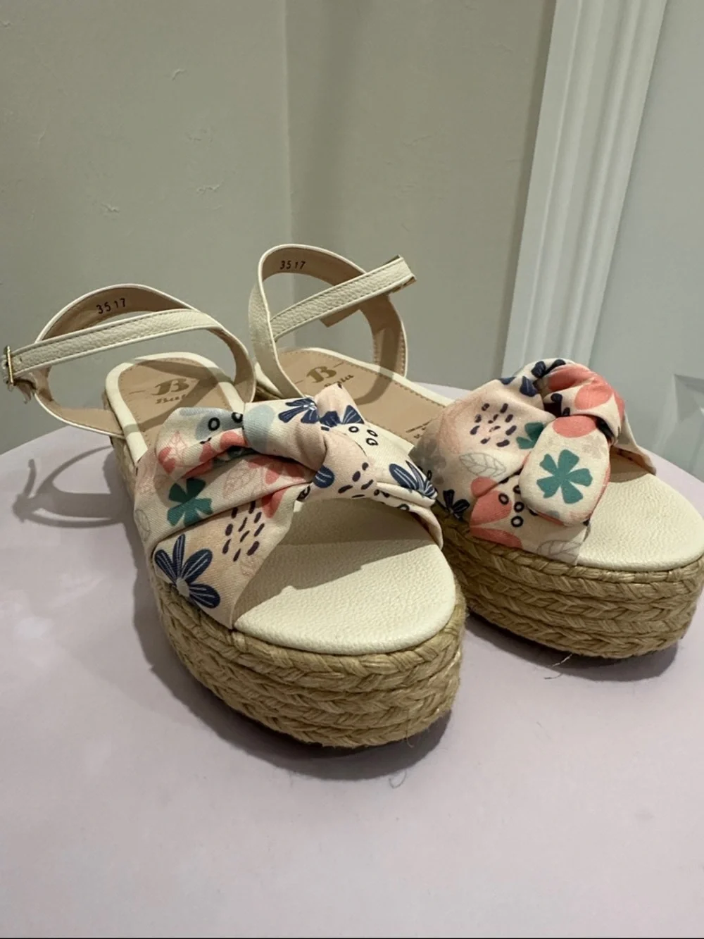 Floral Bow Espadrille Wedge Sandals — Cream with Pink & Blue Accents